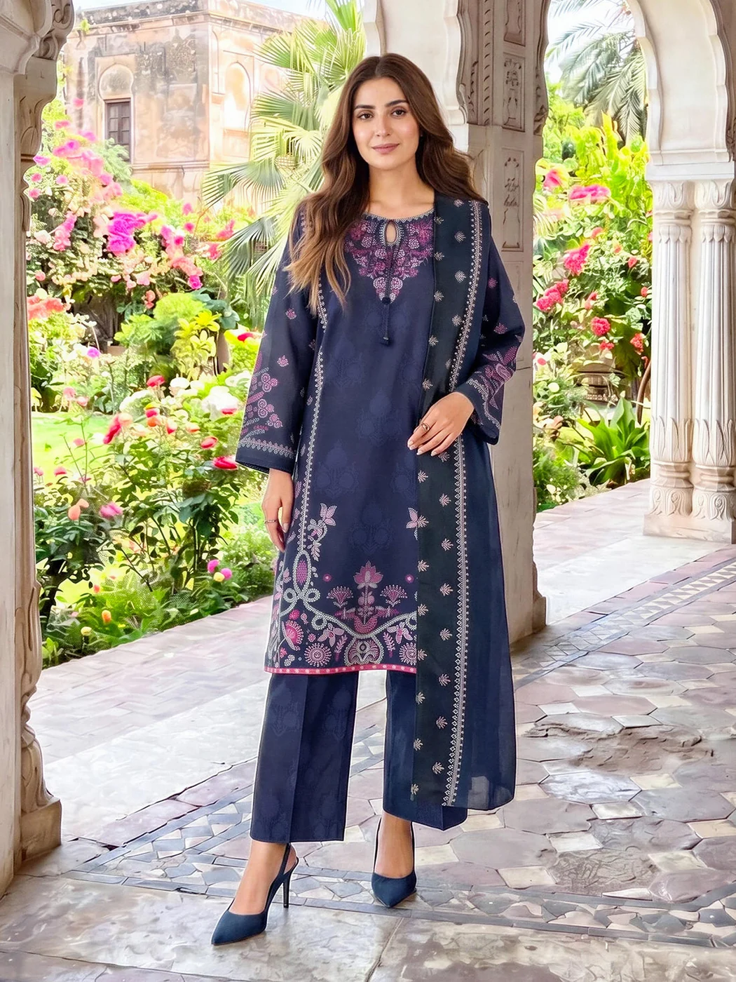 3 Piece Khaddar Suit-Printed (Unstitched) — Navy